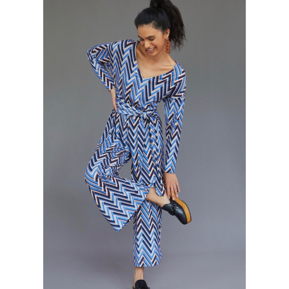 Anthropologie Breezy jumpsuit blue red striped chevron wide leg tie belt